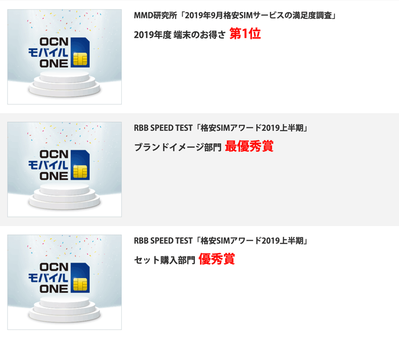 OCNモバイルONE受賞歴